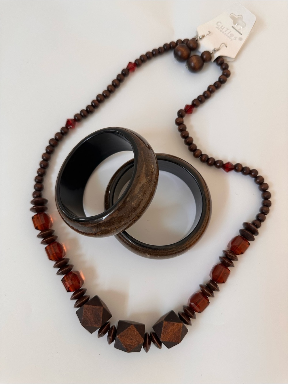 Wooden Bead Necklace with Matching Bangles - Brown